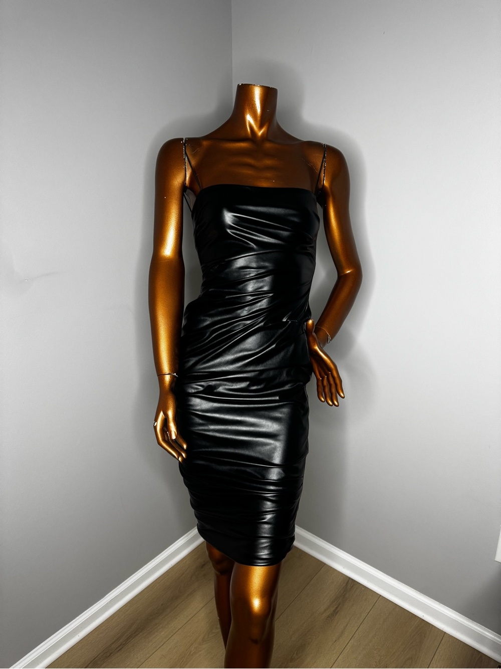 Sleek Black Faux Leather Bodycon Dress with Straps